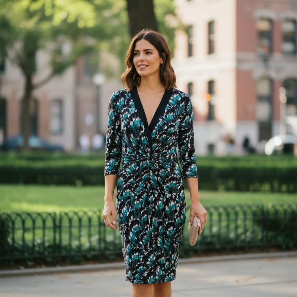 White House Black Market Teal Abstract Feather Knot Front Faux Wrap Dress Small